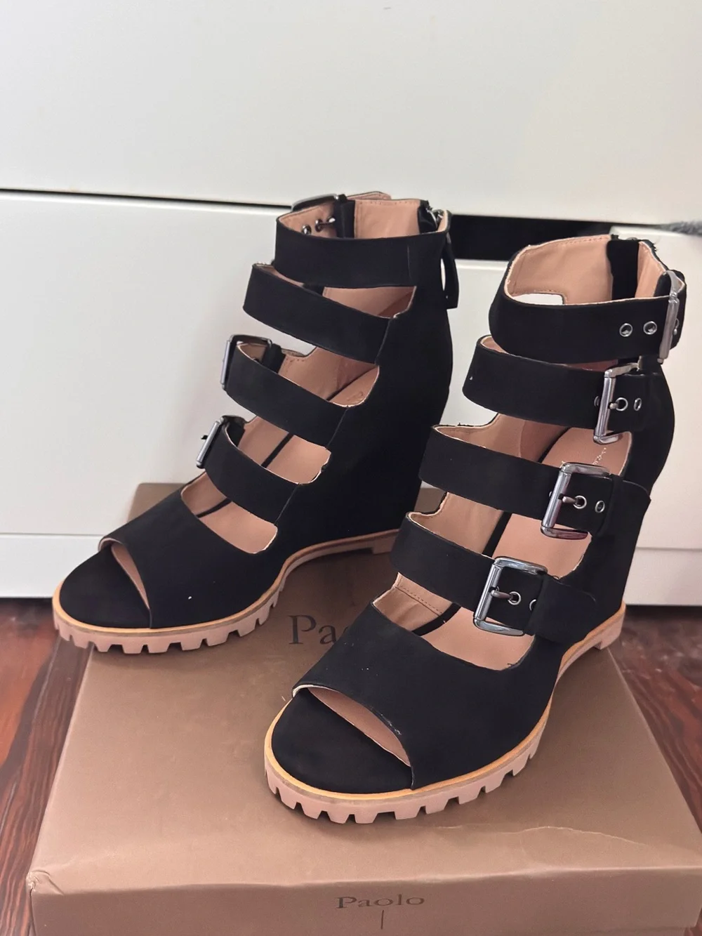 Linea Paolo Wisteria Buckle Wedge Sandal in Black Suede Size 9 MSRP $139
